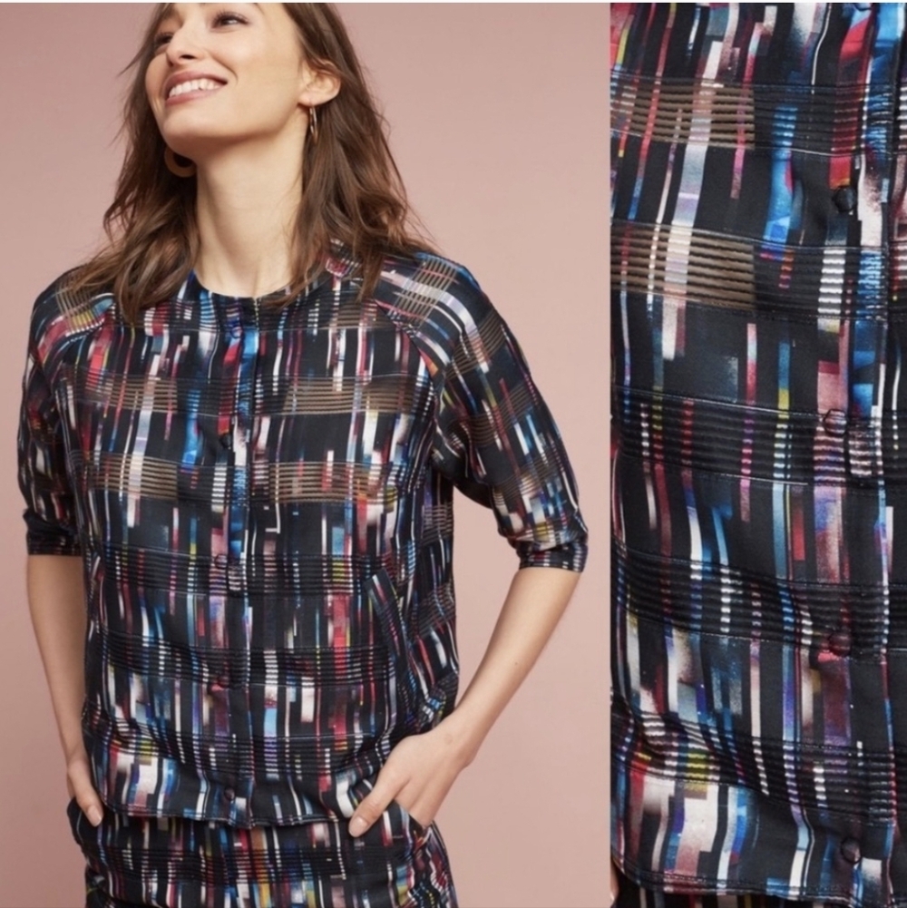 Anthropologie Seen‎ Worn Kept Prism Metallic Blazer Jacket Sz 12 Sheer Boho Coat